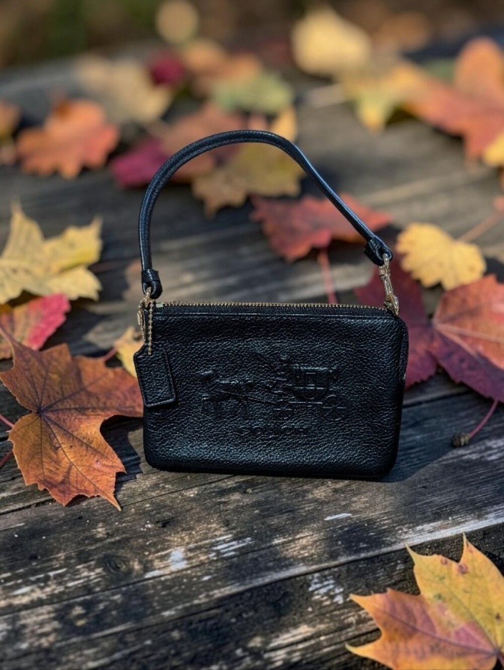 Coach Black Pebbled Leather Horse And Carriage Wristlet